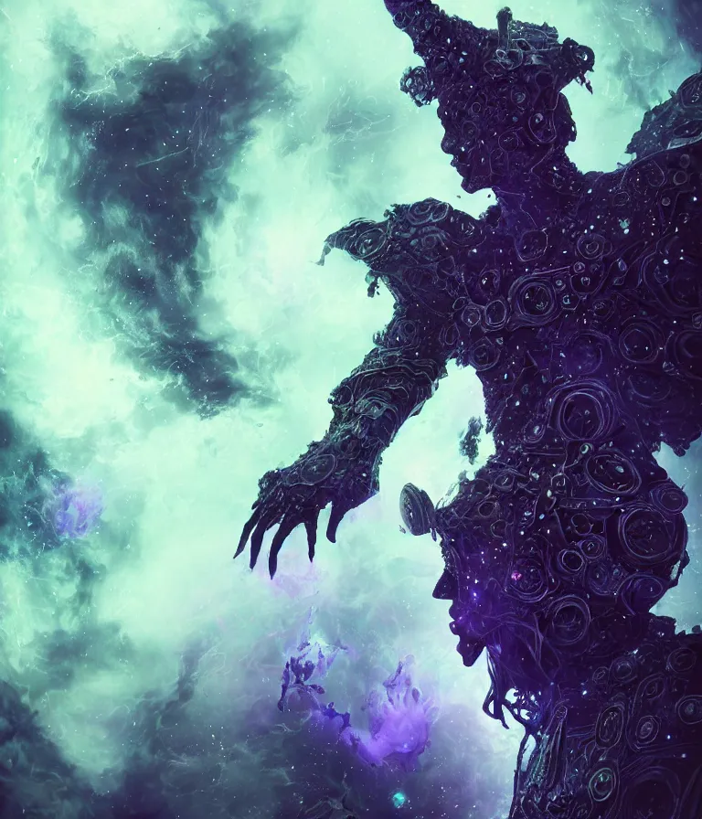 Prompt: impressive ominous front!! shot photo of a court jester character fine portrait fine portrait mesmerizing fractal hyper cubes platinum cracked dark future hyper dimensional space galactic crystal nebula edges elegant detailed intricate concept artstation sharp focus ray tracing cinematic masterpiece temporal corruption beeple wlop germ 8 4 k scifi glossy hyper realistic illustration canon eos r 3 fujifilm x - t 3 0 sony alpha a 6 6 0 0