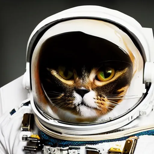 Image similar to oil painting of a cute cat in a astronaut suit with helmet, 35mm, photo, Epic, cinematic, highly detailed and intricate