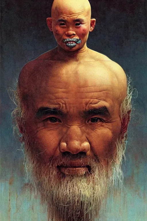 Image similar to beautiful cute bald kazakh guy with a short beard, painted by beksinski, norman rockwell, jack kirby, tom lovell, alex malveda, greg staples