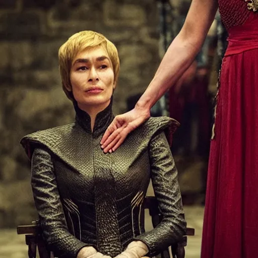 Image similar to “Cersei Lannister, petting her dragon”