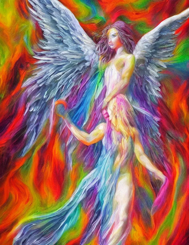 Image similar to spirit of the lunar mythos mercurial angel mist, award winning oil painting, chromatic aberration polychromatic color palette