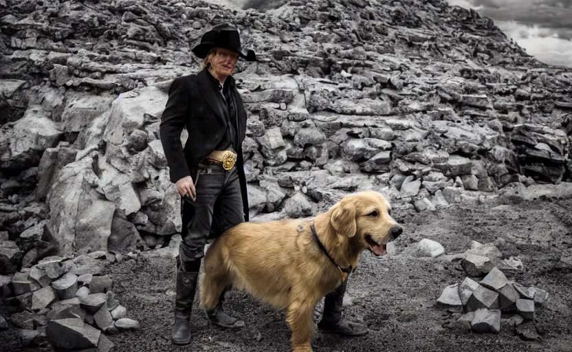 Image similar to a dirty golden retriever in a dark gray stone mine with large piles of gold nuggets and wearing a black western hat and jacket, dim moody lighting, wooden supports and wall torches, cinematic style photograph