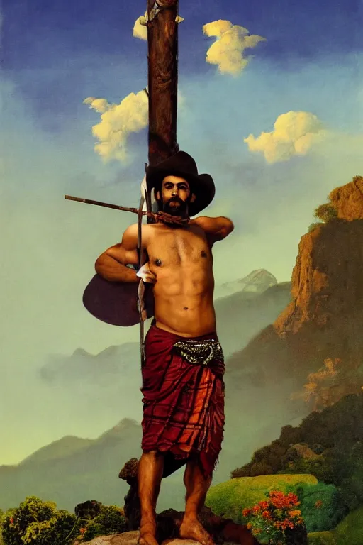 Prompt: an ethereal dramatic painting of a handsome rugged shirtless desi hiker | he is wearing a plaid kilt and cowboy hat, and holding a wooden pole | background is mountains and clouds | homoerotic, dramatic lighting, highly detailed, vintage travel poster | by maxfield parrish | trending on artstation