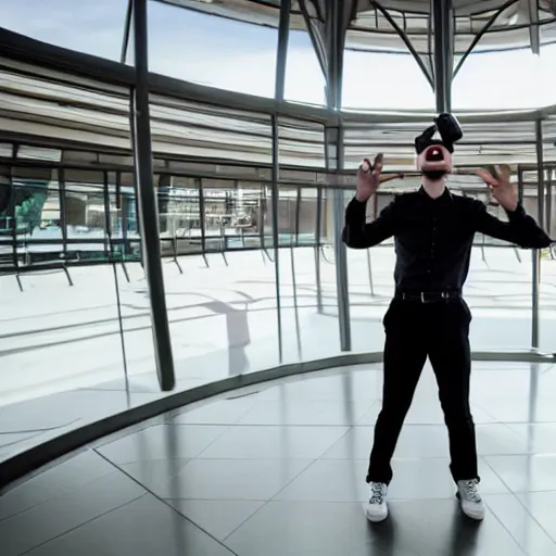 Prompt: a guy dancing in VR in an airport tower