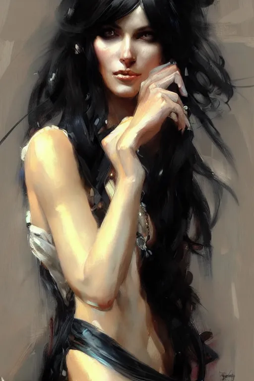 Image similar to pretty woman, flowing black hair, painting by daniel gerhartz, alphonse murac, detailed art, artstation