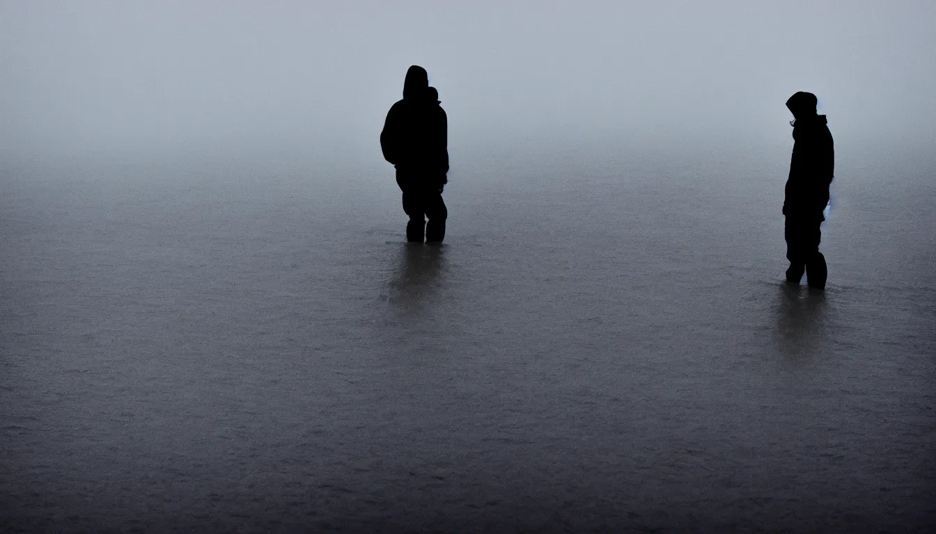 Image similar to silhouette of a person inspecting big wave flood in thin birch wetlands, stormy weather, dark, atmospheric, ambient vibe, very detailed, 8 k