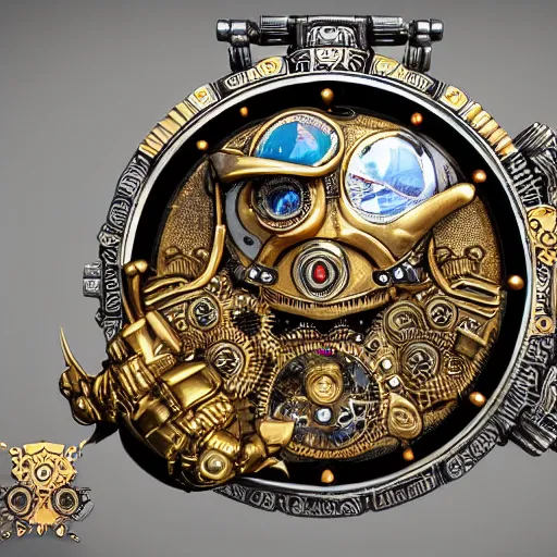 Image similar to A steampunk Pikachu made from ornate engraved full plate armor and watch gears and several jewels, macro shot by Justin Gerard, unreal engine, detailed, intricate, physically based rendering