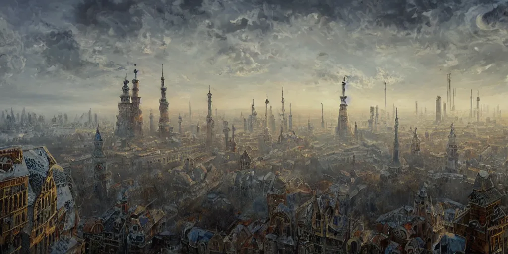 Image similar to magical ancient Slavic city of Kitezh in mist, Brutalist architecture, magical glow, magic mist, strange buildings, oil painting, painting by Viktor Vasnetsov, concept art, fantasy cityscape, ancient Russian architecture, painting by Ivan Shishkin, hyperborea, high resolution, huge factories, trending on artstation,