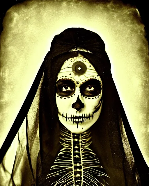 Image similar to tintype religious veil woman in dia de muertos dress and makeup high quality photo, microchip, artificial intelligence, bio - mechanical bio - luminescence, black wired cables, neurons, nerve cells, cinematic, rim light, photo - realistic, high detail, 8 k, masterpiece, high fashion, in the style of steven meisel dora maar h. r. giger