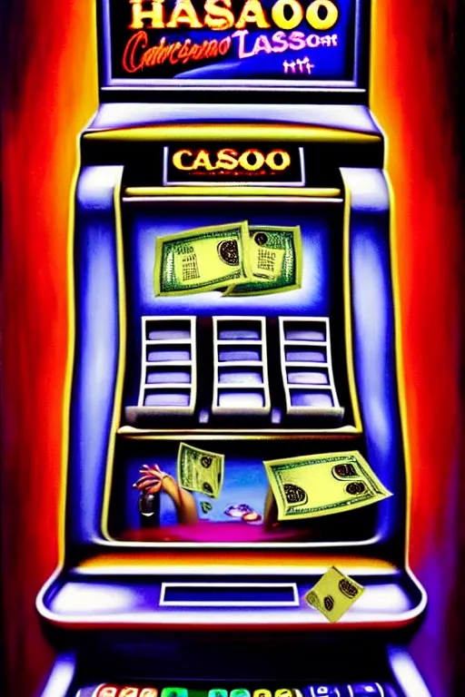 Image similar to a hyperrealistic painting of a nightmare at the casino broken atm machines spewing money, riots, colorful light slot machines, cinematic horror by chris cunningham, lisa frank, richard corben, highly detailed, vivid color,