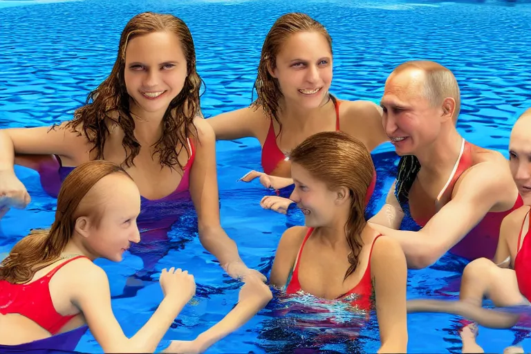 Image similar to Putin and girls at aquatic disco, hyper realistic photo, highly detailed