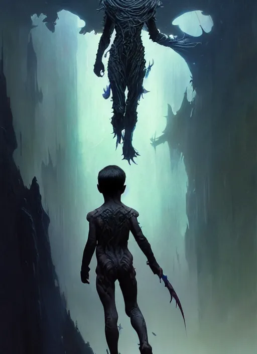 Image similar to fantasy changeling kid revealing his true nature, dim light, front game card, marvel comics, dark, intricate, highly detailed, smooth, artstation, digital illustration by ruan jia and mandy jurgens and artgerm and wayne barlowe and greg rutkowski and zdislav beksinski