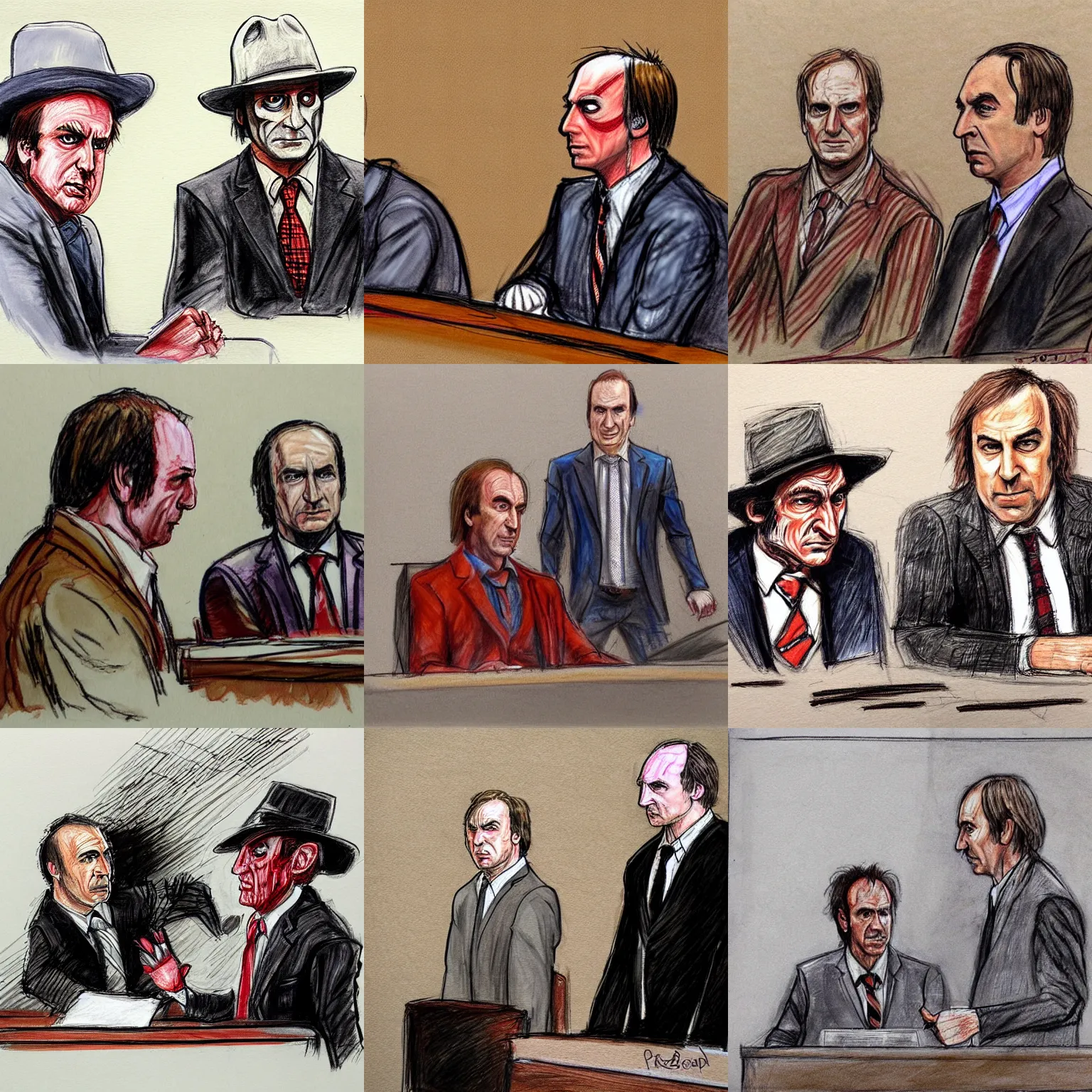 Prompt: Saul Goodman and Freddy Krueger in court, courtroom sketch