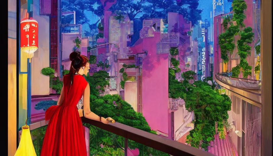 Prompt: a vibrant dream of one beautiful girl wearing a gucci dress from behind on a balcony looking out over a fancy street in tokyo japan, lush plants, monorail, glowing paper lanterns, high fashion, magic details, by moebius, edward hopper, james gilleard, and james jean, hd, 8 k, trending on artstation, uhd,