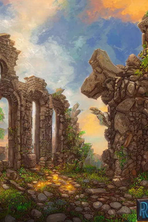 Image similar to digital painting detailed Old Ruins stone candy sky from warcraft by James gurney