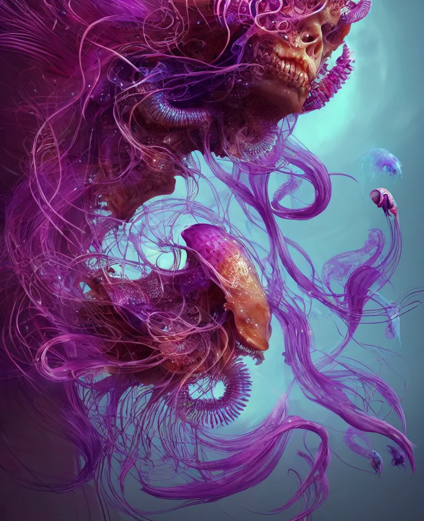 Image similar to goddess close-up face portrait. chimera orchid jellyfish phoenix head, nautilus, skull, betta fish, bioluminiscent creatures, intricate artwork by Tooth Wu and wlop and beeple. octane render, trending on artstation, greg rutkowski very coherent symmetrical artwork. cinematic, hyper realism, high detail, octane render, 8k