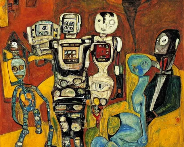 Image similar to a painting of a robot family portrait by graham sutherland, egon schiele, expressionism