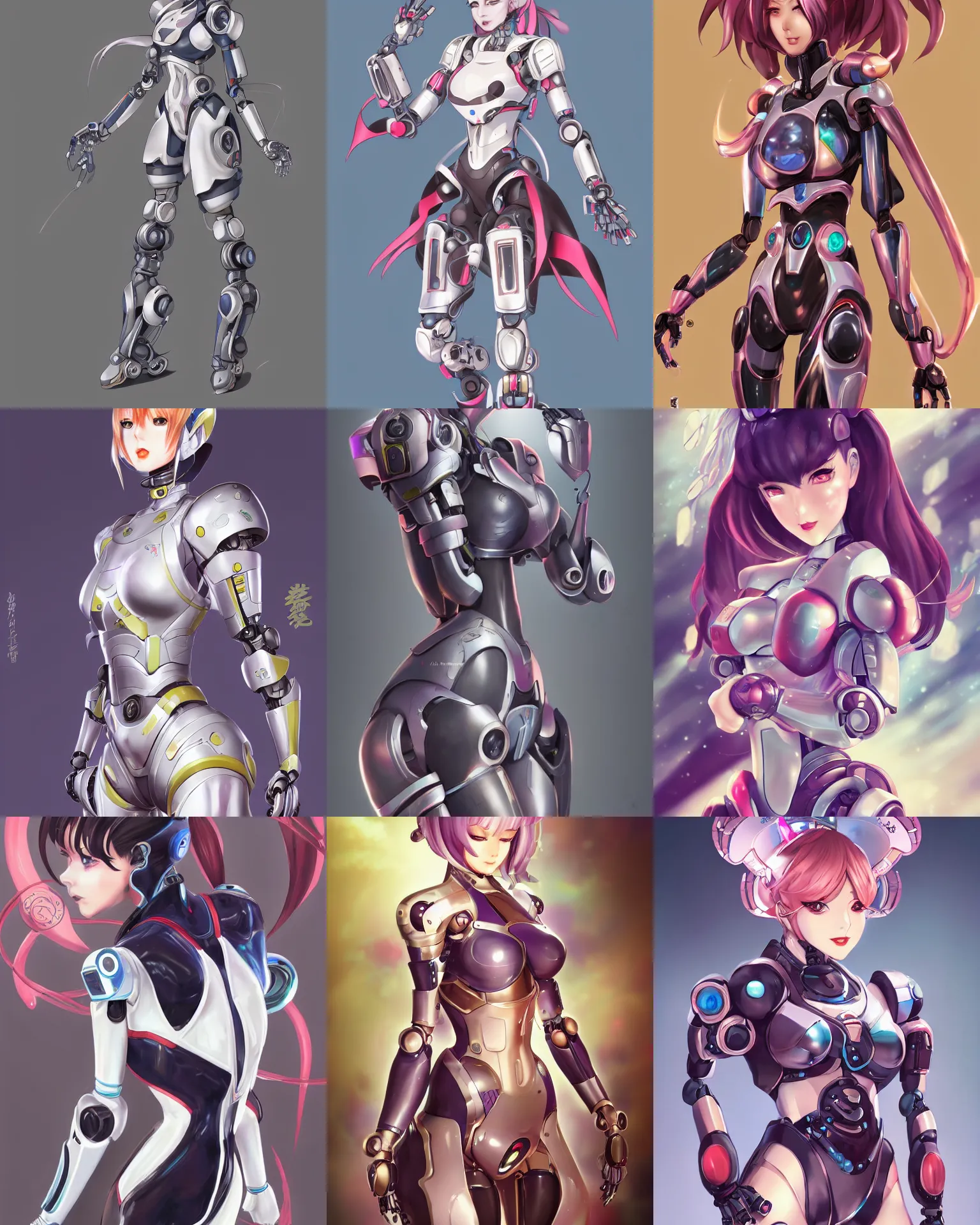 Prompt: A beautiful robot lady, official Genshin Impact character concept, anime, kawaii, full-body portrait, by Artgerm and Sakimichan, professional character designer, trending on Artstation, highly detailed, cgsociety