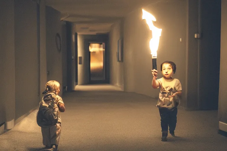 Image similar to a picture of a small child carefully holds torch through hallway filled with nightmarish monsters