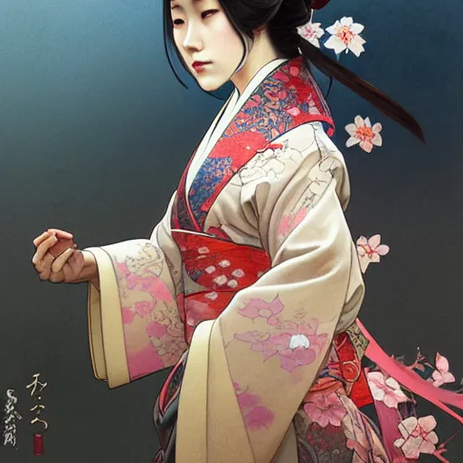 Image similar to A Japanese girl wearing a kimono, D&D, fantasy, intricate, elegant, highly detailed, digital painting, artstation, concept art, matte, sharp focus, illustration, art by Artgerm and Greg Rutkowski and Alphonse Mucha