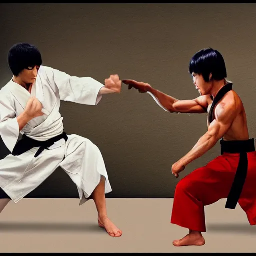 Prompt: A samurai fighting Bruce Lee, HD, high resolution, hyper realistic, 4k, intricate detail