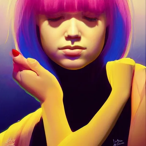 Image similar to hologram woman is bored, with cute - fine - face, pretty face, oil slick hair, realistic shaded perfect face, extremely fine details, by realistic shaded lighting, dynamic background, poster by ilya kuvshinov katsuhiro otomo, magali villeneuve, artgerm, jeremy lipkin and michael garmash and rob rey, pascal blanche, kan liu