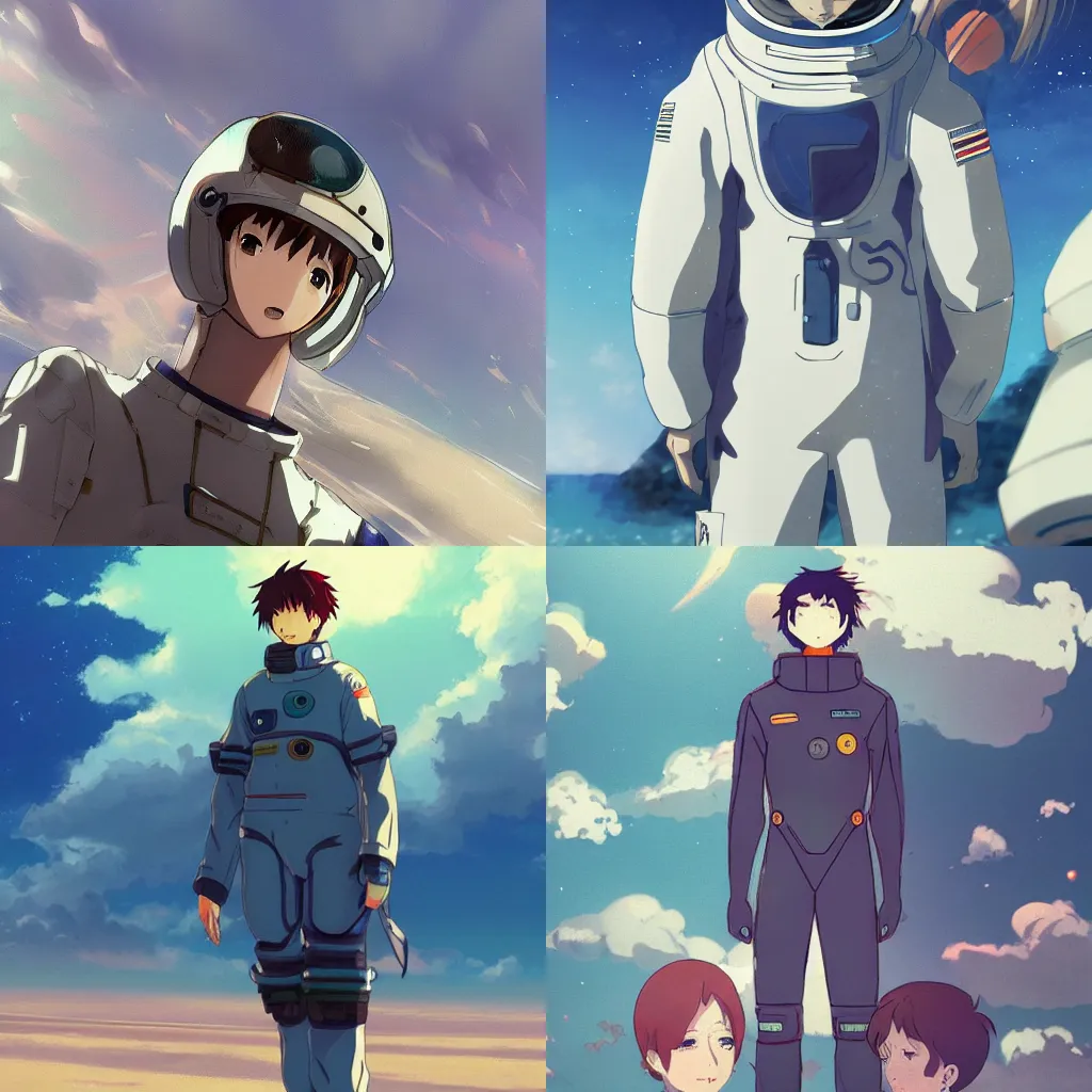 Prompt: anime illustration, a tall guy with short, messy hair wearing a space suit without a helmet at the beach, full shot, trending on artstation, by makoto shinkai, Miyazaki