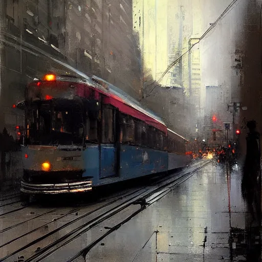 Image similar to toronto streetcars painting by jeremy mann