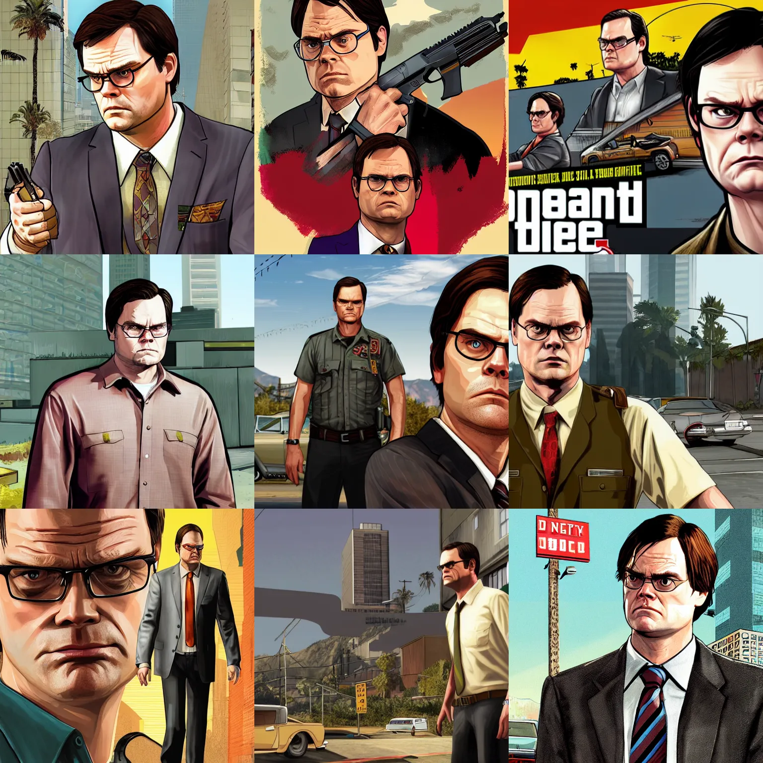 Prompt: dwight schrute in gta v promotional art by stephen bliss, no text