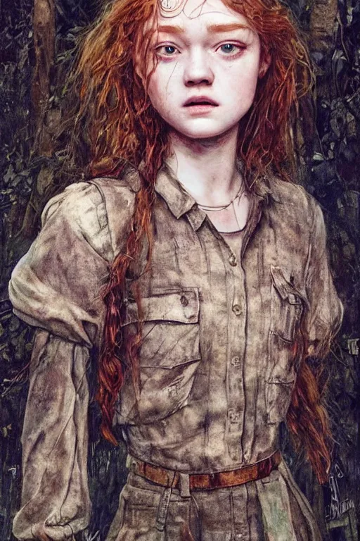 Image similar to sadie sink in the role of ellie in the last of us, dirt, fashion, fantasy, art by ayami kojima, vasnetsov, cedric peyravernay