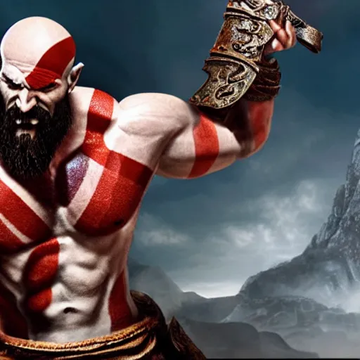 Image similar to kratos from god of war eating a cheeseburger