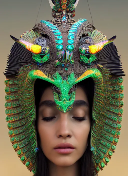 Image similar to 3 d goddess close - up profile portrait. beautiful intricate highly detailed mexican magpie helm and traditional mexican huipil! quetzalcoatl, stingray, bio luminescent, plasma, lava, ice, water, wind, stormy, creature, artwork by tooth wu and wlop and annie leibovitz, octane 3 d render