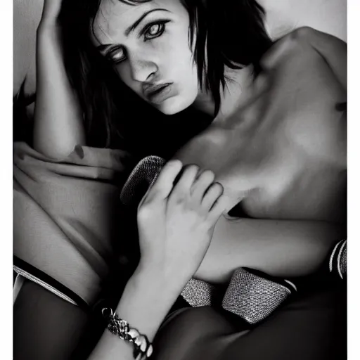 Image similar to black and white fashion photograph, highly detailed portrait of a depressed girl drug dealer lying in bed, detailed face looking into camera, eye contact, natural light, mist, lomo, fashion photography, film grain, soft vignette, sigma 85mm f/1.4 1/10 sec shutter, Darren Aronofsky film still promotional image, IMAX 70mm footage