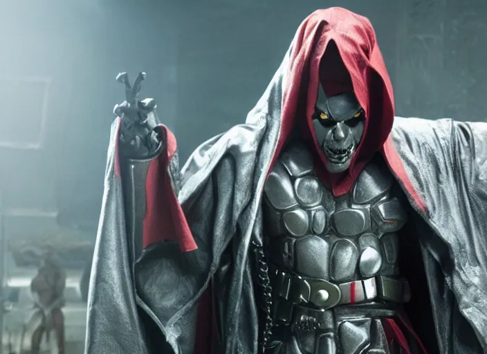 Image similar to film still of jamie foxx as spawn in the new spawn movie, giant chains, large cape, 8 k