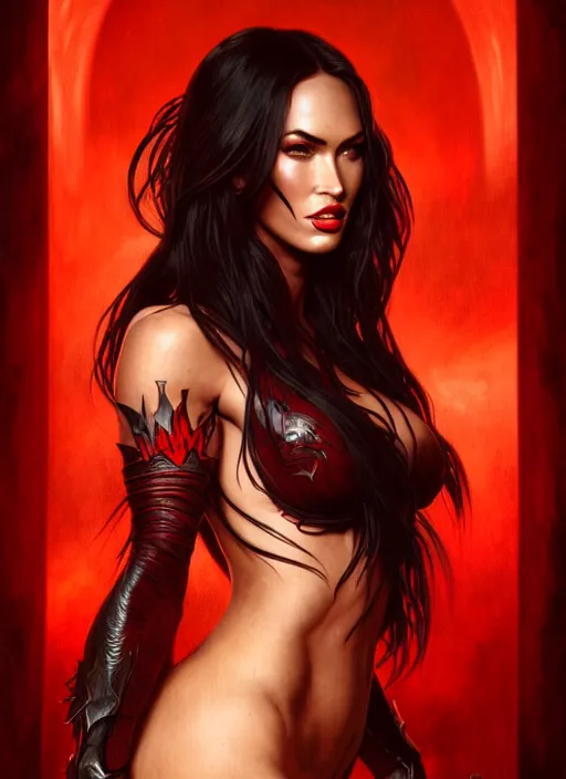 Image similar to portrait of megan fox as demon, devil, red skin, batwings, hell, intricate, headshot, highly detailed, digital painting, artstation, concept art, sharp focus, cinematic lighting, illustration, art by artgerm and greg rutkowski, alphonse mucha, cgsociety