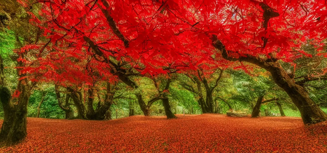 Prompt: a landscape of red leaves, above the canopy, the air filled with gusts of red leaves, in the style of Ghibli
