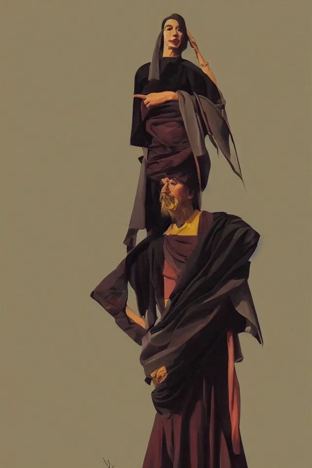 Prompt: sfumato renaissance oil painting of a modern shaman, modern minimal isei miyake outfit, in the style of lara jade, syd mead, concept art