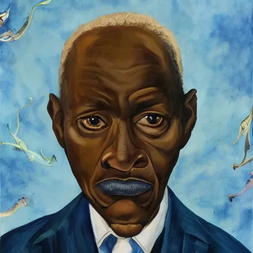 Image similar to a painting of a loving, caring fatherly wide forehead, aquiline nose, round face, XXL , generous, ever-present, humble, wise elder from Kenya in a suit by Wangechi Mutu . Fatherly/daddy, focused, loving, leader, relaxed. Blue background, heavenly lights, details, smooth, sharp focus, illustration, realistic, cinematic, artstation, award winning, rgb , unreal engine, octane render, cinematic light, macro, depth of field, blur, light and clouds, highly detailed epic cinematic concept art CG render made in Maya, Blender and Photoshop, octane render, excellent composition, dynamic dramatic cinematic lighting, aesthetic, very inspirational, arthouse.