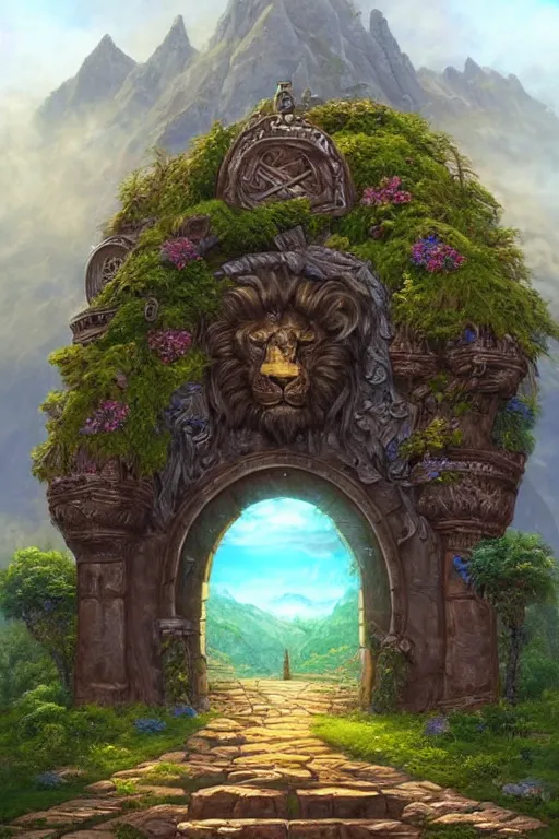 Image similar to A giant medieval fantasy blue energy portal gate with a rusty gold carved lion face at the center of it, the portal takes you to another world, full of colorful flowers on the lost Vibes and mountains in the background, spring, delicate fog, sea breeze rises in the air, by andreas rocha and john howe, and Martin Johnson Heade, featured on artstation, featured on behance, golden ratio, ultrawide angle, f32, well composed, rule of thirds, center spotlight, low angle view