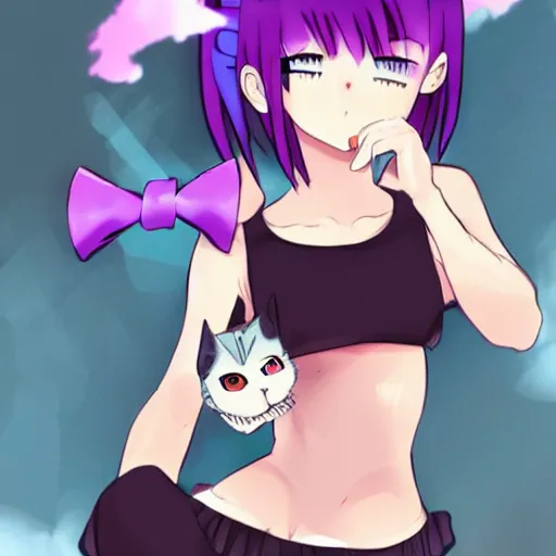 Image similar to anime girl with short purple hair and cat ears and a black tank top, aesthetic