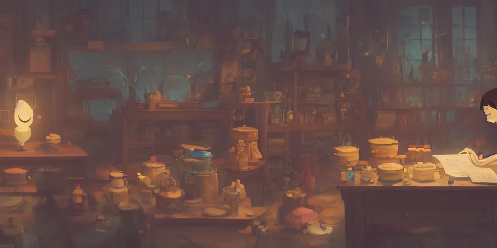 Image similar to magician's workshop, detailed, potions, scrolls, arcane books, cory loftis, james gilleard, atey ghailan, makoto shinkai, goro fujita, studio ghibli, rim light, exquisite lighting, clear focus, very coherent, plain background, soft painting