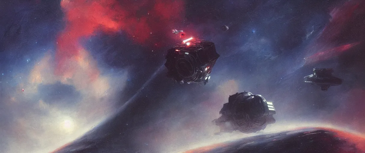 Prompt: concept art, exploration spaceship drifting in space, the expanse tv series, industrial design, immensity, alone in a nebula cloud, space debris, cinematic lighting, 4k, widescreen ratio, by sparth, beksinski