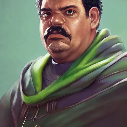 Image similar to hyper realistic, realistic - anime, portrait, beautifully rendered, italian garb the future, dune, caricature, luis guzman as luigi wearing green, painted by wlop, artgerm, dishonored 2,