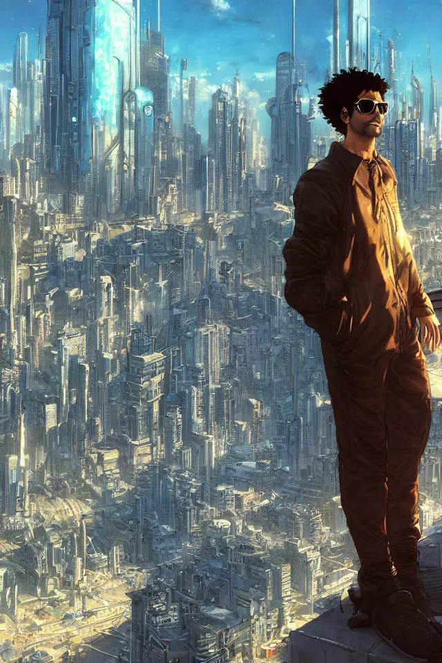 Image similar to a curly - haired persian guy wearing golden shades reflecting a cityscape against a cyberpunk city backdrop by makoto shinkai, masamune shirow and jean giraud