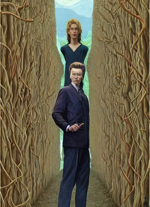 Prompt: twin peaks poster art, portrait of david bowie lost in the maze, other dimension, this is his fate for the next two years, by michael whelan, rossetti bouguereau, artgerm, retro, nostalgic, old fashioned