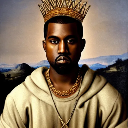 Image similar to a renaissance style portrait painting of kanye west wearing a crown