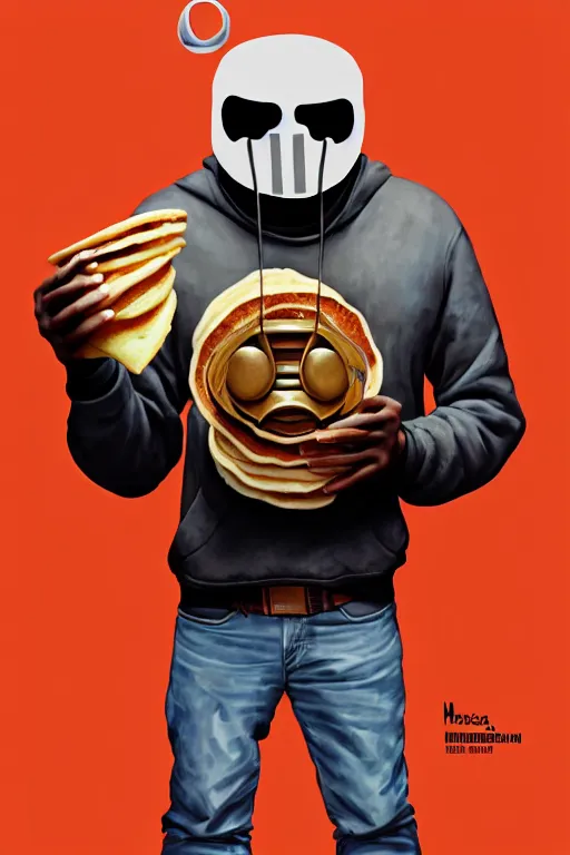 Image similar to mf doom as cooking pancakes animation pixar style, mf doom rapper madvillain gladiator mask, by magali villeneuve, artgerm, jeremy lipkin and michael garmash, rob rey and kentaro miura style, trending on art station