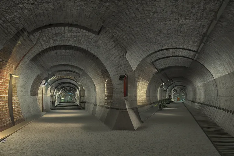 Prompt: a sewer tunnel architecture with gym equipment, the water canal is surrounded by railing and walkways, underground, brick walls, sections interlace with brick arcs , brass pipes on the walls, a slight green glow emanates from the water, warm lighting, soft shadows, stylized PBR materials, Artstation