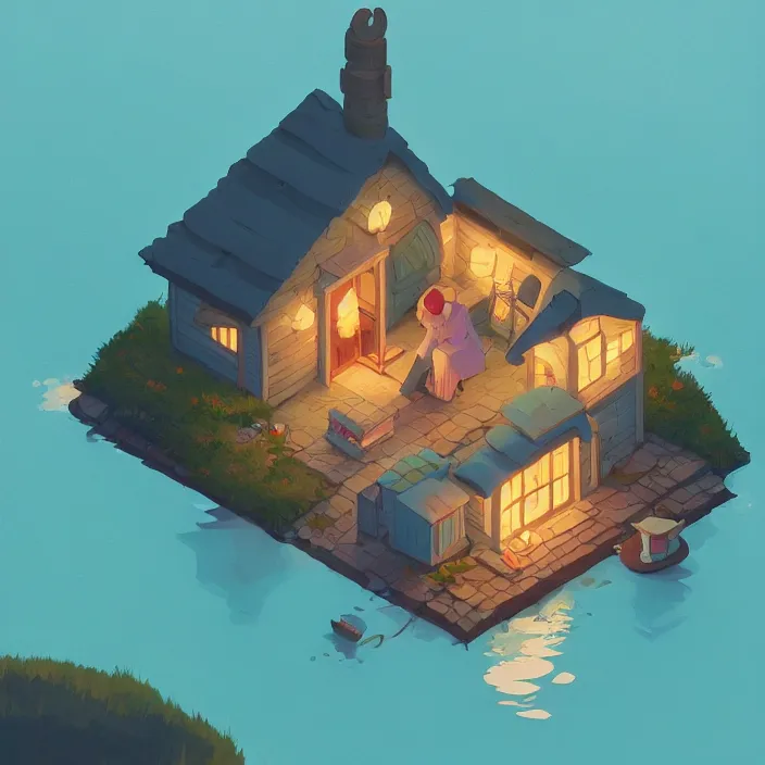 Prompt: isometric view of a cozy cottage in the middle of a lake, isometric design, cory loftis, james gilleard, atey ghailan, makoto shinkai, goro fujita, studio ghibli, exquisite lighting, clear focus, very coherent, soft painting