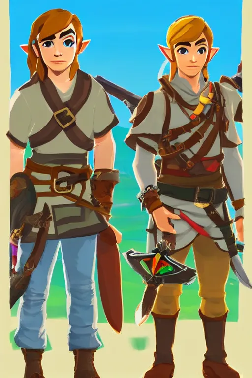 Image similar to an in game portrait of drake and josh from the legend of zelda breath of the wild, breath of the wild art style.